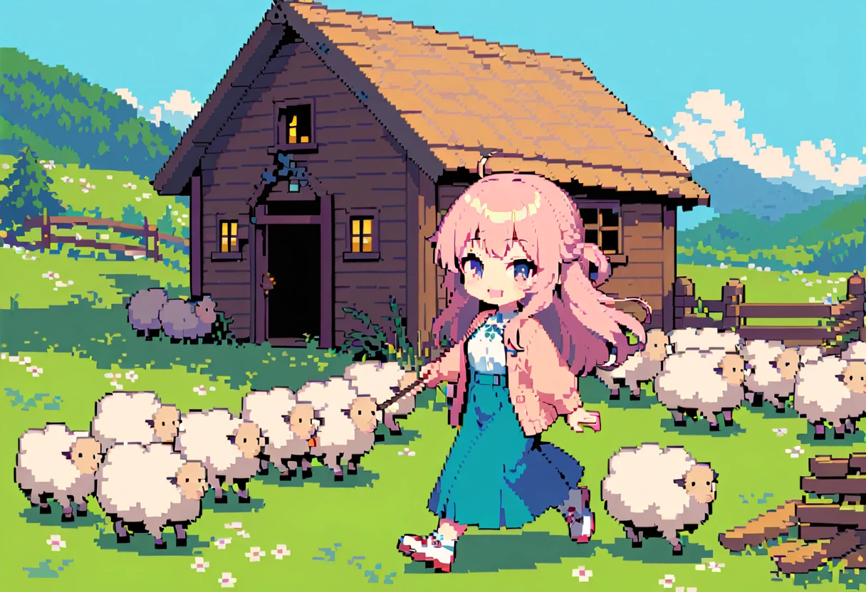 masterpiece, Highest quality, 8k, (Pixel Art), Vivid, woman, 若いwoman, smile, cute, Directed at an angle, Open your mouth, Fluffy hair, Long Hair, Hair like sheep's hair, Pink Hair, eyebrow, 太いeyebrow, one piece, Pink clothes, Long skirt, cardigan, 水色のcardigan, shoes, 茶色いshoes, ((Leading the sheep to the shed)), grassland