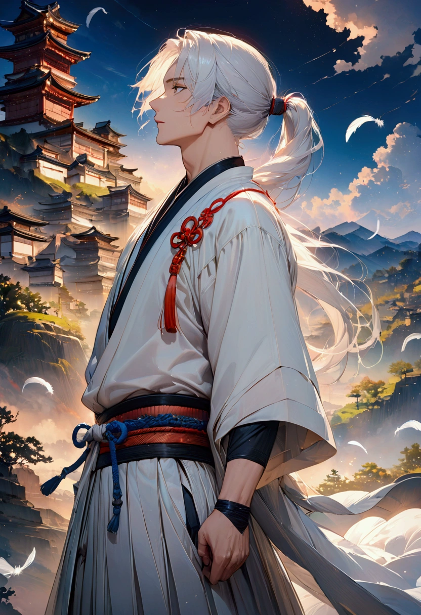(masterpiece:1.3),(最high quality:1.4),(Very detailedな:1.5),High resolution,Very detailed,8k,artwork,High level of detail,rendering,high quality,Wide range of colors,Countless white feathers rain down,A breathtakingly beautiful nighttime space,Vivid light,((One Anime Guy))、(profile,Landscape),Cool handsome guy,Swordsman、(White Hair)、Long hair that reaches down to the waist is tied in a single ponytail、White Hakama、白いSwordsmanの服装、((samurai)),There&#39;s a sword on his waist、Looking up with a blank look。