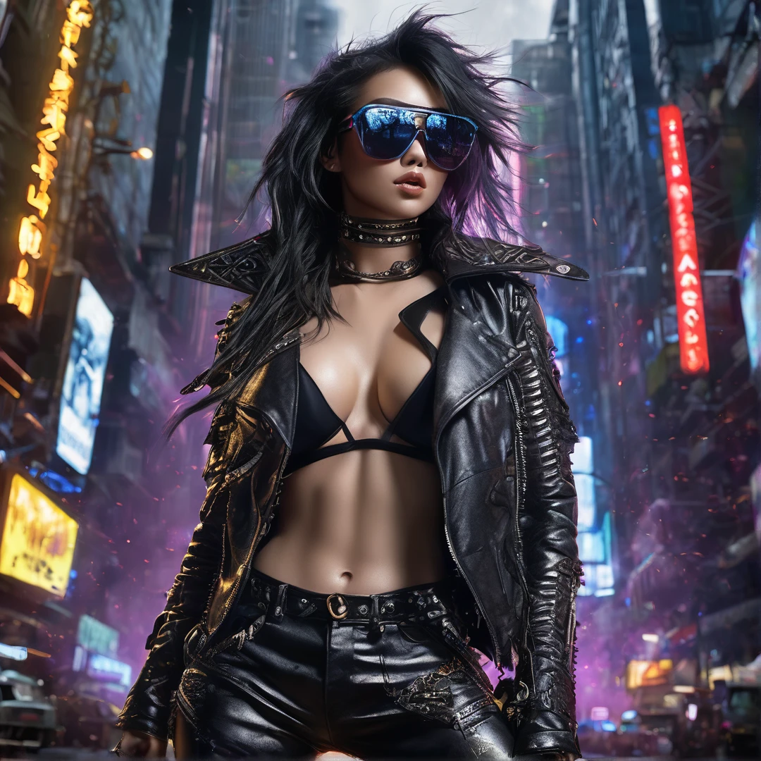 Heavy metal album cover female singer stage, post-apocalyptic city, insanely detailed real shiny skin, masterpiece body quality, black leather pants, real color, erotic and strong, black sunglasses, 8k resolution🔥, Miki Asai Macro photography, close-up, hyper detailed, trending on artstation, sharp focus, studio photo, intricate details, highly detailed, cinematic by zack snider