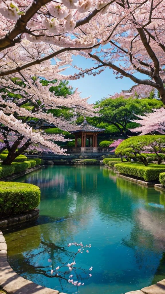 absurdrez, high resolution, ultra detaild, comely, work of art, best qualityer,ancient temples, jardins exuberantes, shiny colors, tranquil lagoons, traditional architecture, Cherry blossoms