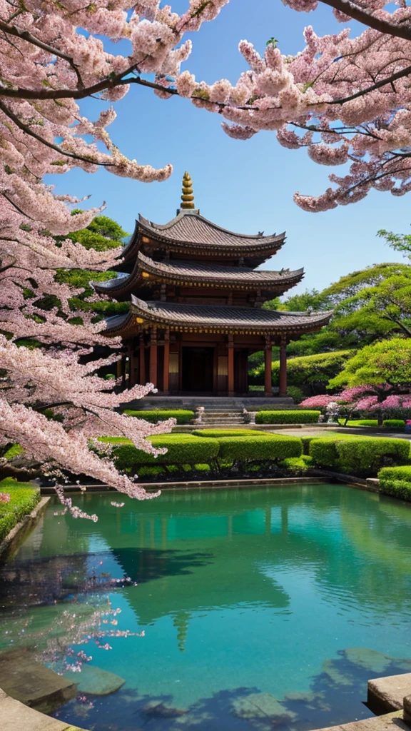 absurdrez, high resolution, ultra detaild, comely, work of art, best qualityer,ancient temples, jardins exuberantes, shiny colors, tranquil lagoons, traditional architecture, Cherry blossoms