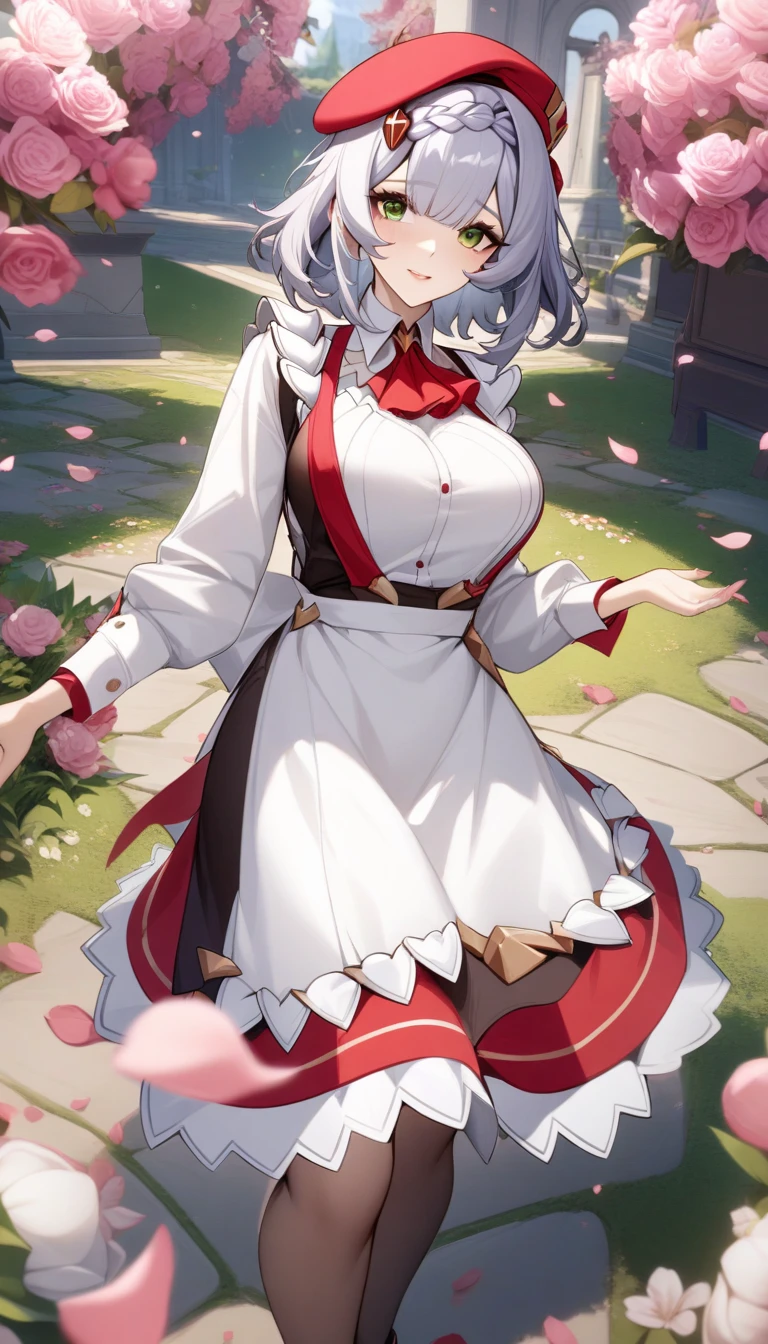 masterpiece, best quality, very aesthetic, absurdres, 1girl, mature_lady,,1girl, noelle \(kfc\) \(genshin impact\), genshin impact, official alternate costume, hat, green eyes, braid, grey hair, short hair, breasts, long sleeves, apron, beret,surrounding by flowers,falling_petals, outdoors, petals,,surrounding by flowers,falling_petals, petals,,from above