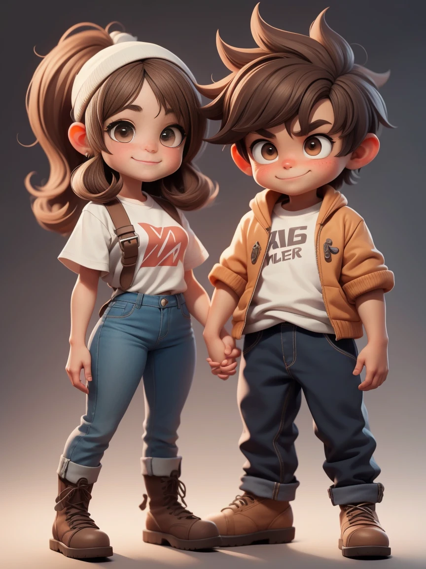 2 happy people(1 guy and 1 girl), holding hands, brother and sister, Amemos, friendship, plumpness, eyes browns, very disheveled and disheveled brown hair, white shirt and jeans, lacing boots, smile at each other; all-body, realisic skin, realisticeyes, Same height, moderno, high-quality textures, very detailled, Anatomical Realism of the Hands, Fantastic cute, funny, IP design, Clean 3D rendering of glowing backgrounds, OC rendering, 8k, softfocus, Ultra-thin shiny detail --Air 3:6 50 --q 2 --niji 5 --expressive style --s 2