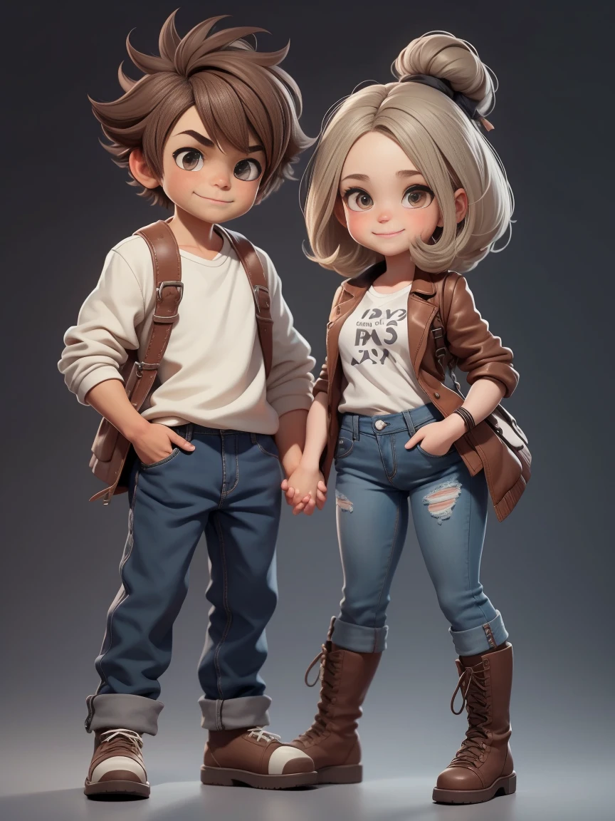 2 happy people(1 guy and 1 girl), holding hands, brother and sister, Amemos, friendship, plumpness, eyes browns, very disheveled and disheveled brown hair, white shirt and jeans, lacing boots, smile at each other; all-body, realisic skin, realisticeyes, Same height, moderno, high-quality textures, very detailled, Anatomical Realism of the Hands, Fantastic cute, funny, IP design, Clean 3D rendering of glowing backgrounds, OC rendering, 8k, softfocus, Ultra-thin shiny detail --Air 3:6 50 --q 2 --niji 5 --expressive style --s 2