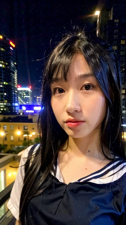 Masterpiece, best quality, ultra high res, realistic, (photorealistic:1.4), photography, rule of third, 1girl, blunt bangs, black hair, (the girl wearing black sailor uniform), (at the top of building:1.1), night, city light, cinematic lighting, 80s filter, detailed face , looking at viewer, cowboy shot