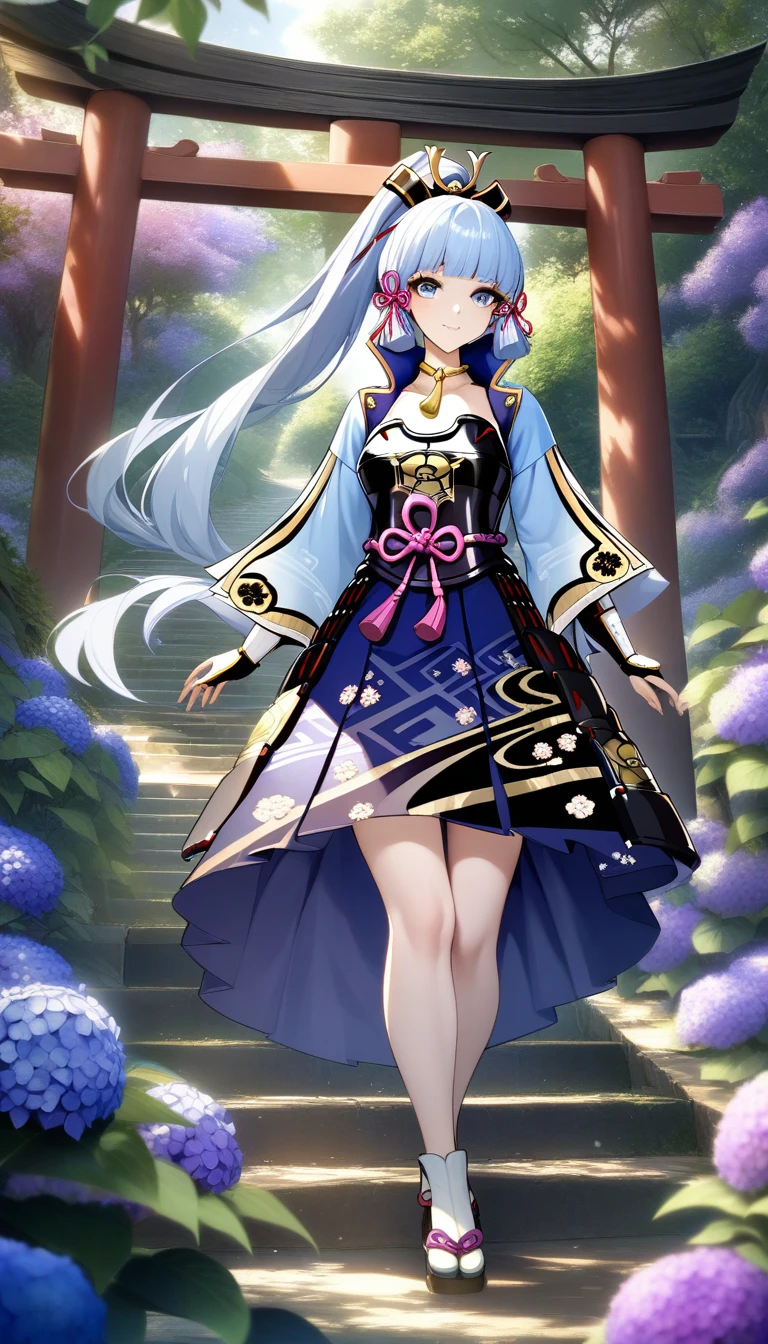 masterpiece, best quality, very aesthetic, absurdres, 1girl, mature_lady,,1girl, kamisato ayaka, genshin impact, long hair, blue eyes, ponytail, blunt bangs, blue hair, hair ornament, breasts, ribbon, hair ribbon, mole,Wallpaper Fusion, dappled sunlight, day, flower, hydrangea, leaf, light rays, nature, outdoors, path, plant, purple flower, scenery, stairs, sunlight, torii, tree, wisteria,floating_clothes,from below