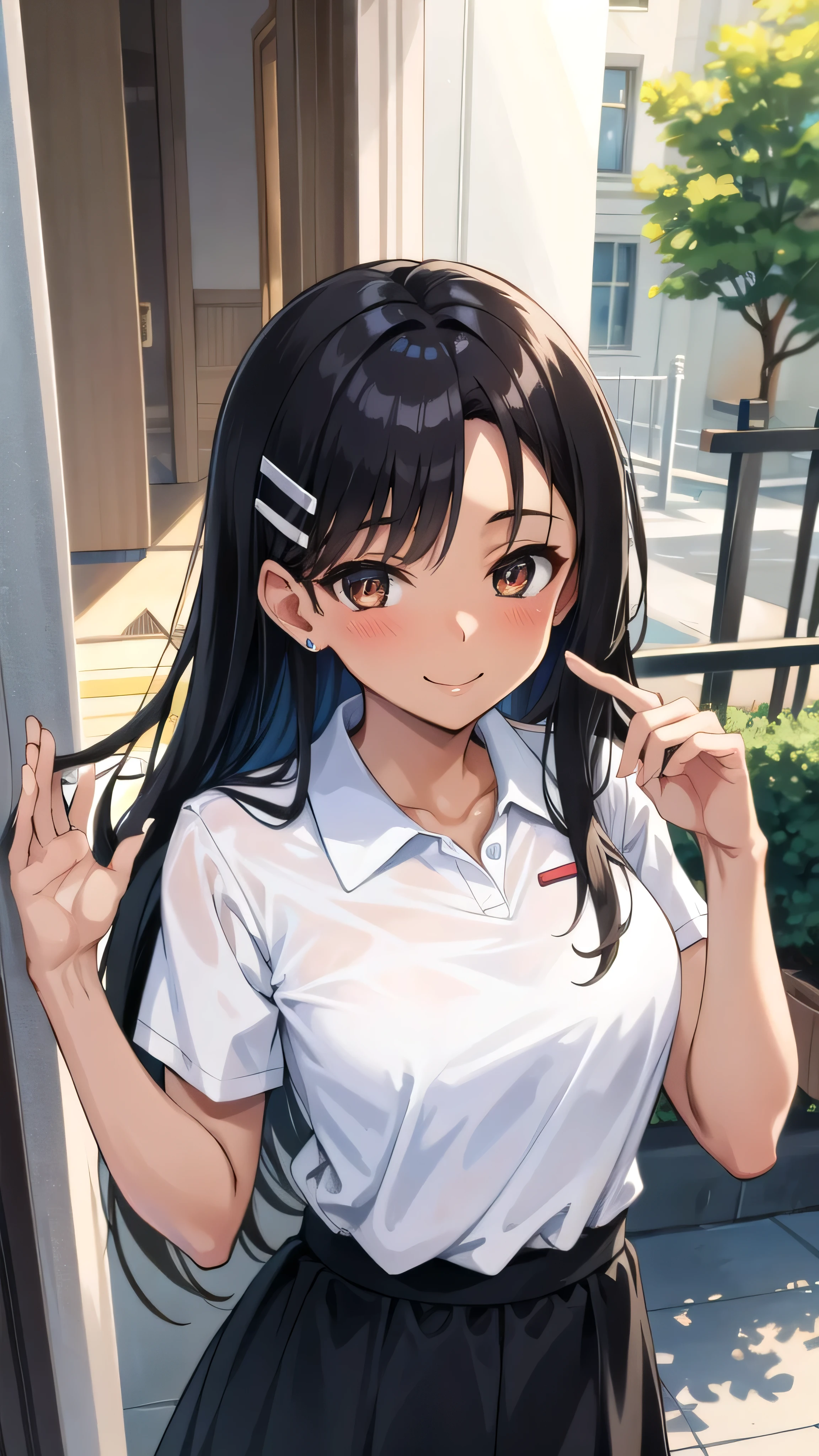 ((best quality)), ((masterpiece)), (details), one girl, sexy ((best quality)), ((masterpiece)), (details), one girl, sexy ((best quality)), ((masterpiece)), (details), one girl, full body, sexy expensive body, expensive, long legs, mature woman, mature, adult, it_nagatoro_main, Hayase Nagatoro, one girl, blushing, alone, white polo shirt, short sleeves, black hair,brown eyes, hair accessory, looking at viewer, hair clip, smiling, long hair, dark skinned woman, dark skin, , bangs, daytime, skirt, collared shirt, collarbone, ear clip, mouth closed, tree, asymmetrical bangs, upper body