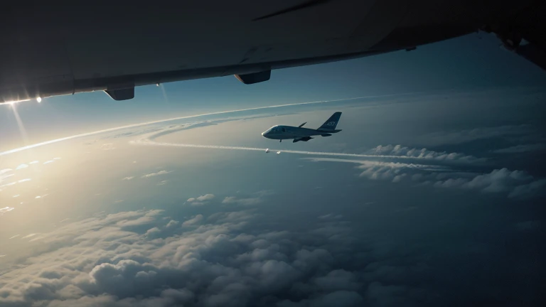 Aerial view of a plane flying over a dense tropical forest, with flies being dispersed through the air; the environment must be dark and full of mystery, with low clouds and a slightly spooky atmosphere.