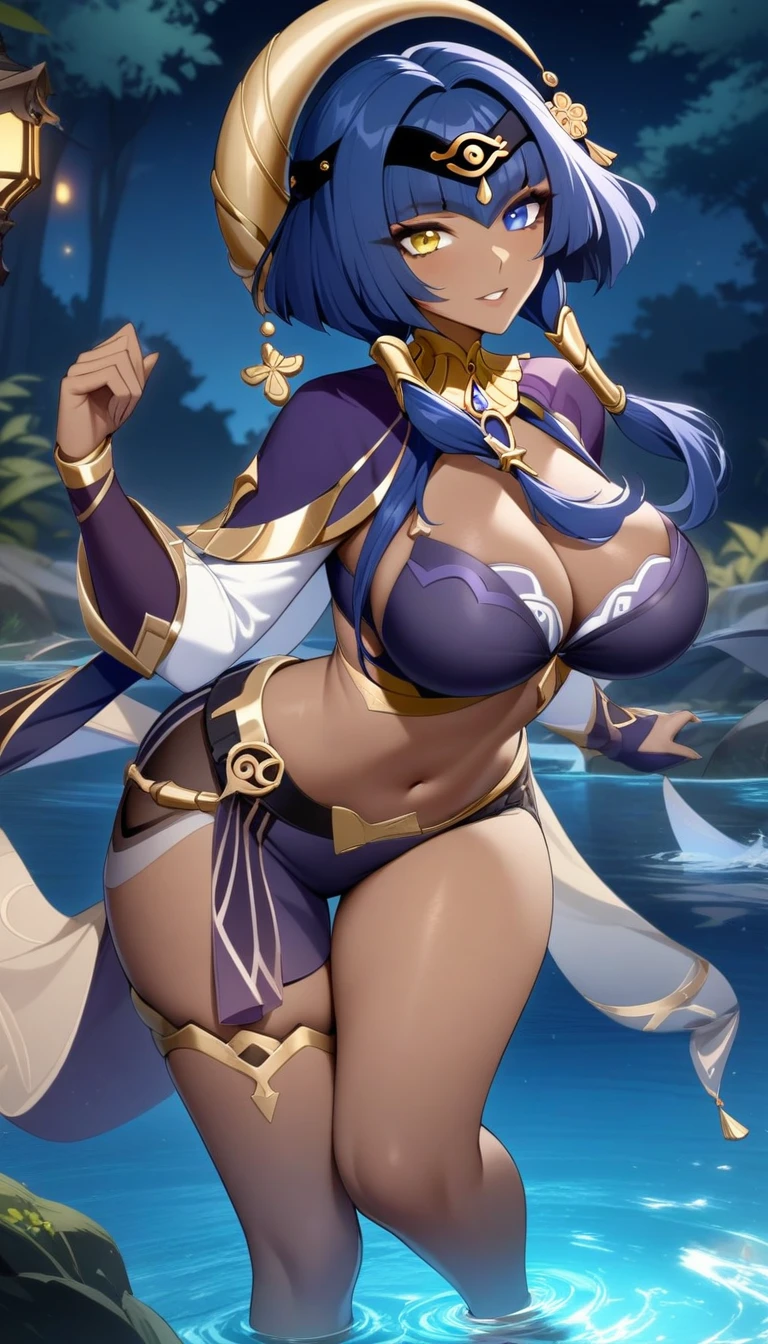 masterpiece, best quality, very aesthetic, absurdres, 1girl, mature_lady,,1girl, candace \(genshin impact\), genshin impact, breasts, heterochromia, dark skin, blue eyes, dark-skinned female, yellow eyes, blue hair, eye of horus, jewelry, navel,besides a blue lake, night sky,stars,forest,Reflections in the water,,floating_hair,from above