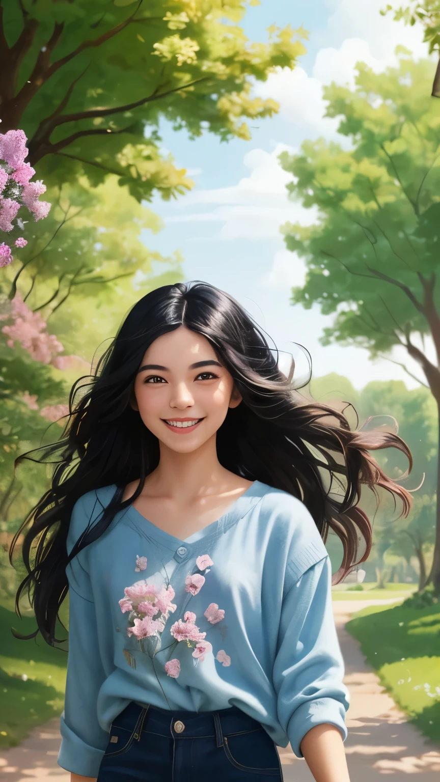 ((best quality)), ((masterpiece)), (detailed), A digital illustration of a teenage girl with long black hair walking with a smile on her face, surrounded by trees and flowers. The background is school campus