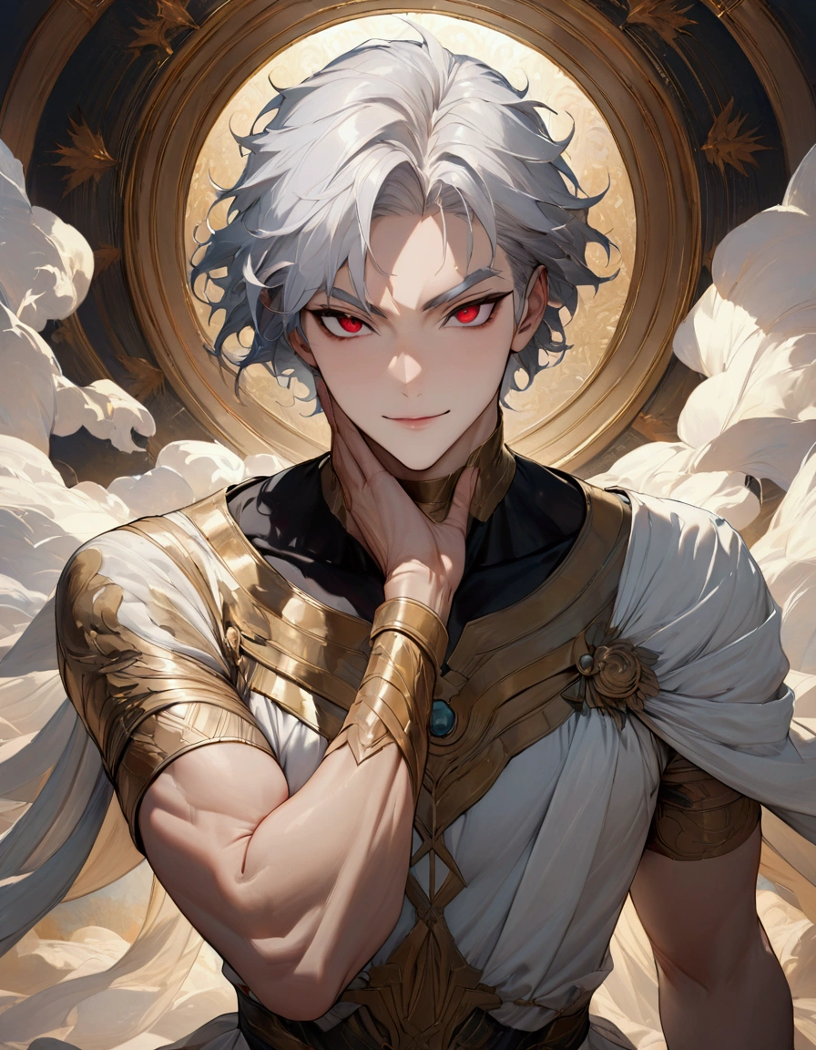 (masterpiece:1.3),(最high quality:1.4),(Very detailedな:1.5),High resolution,Very detailed,8k,artwork,High level of detail,rendering,high quality,Wide range of colors,wallpaper,Dark fantasy.((One anime young man))Silver Hair,Berry Berry Shorthair,Just short hair,Thin silver eyebrows,Red eyes,Dark circles around the eyes,Handsome,His face is a fearless smile,An evil look,(The clothes are Greek mythology-inspired fashion.)Fashion of the Grim Reaper like in Greek mythology、Topless、The background has a golden aura。Dynamic pose。