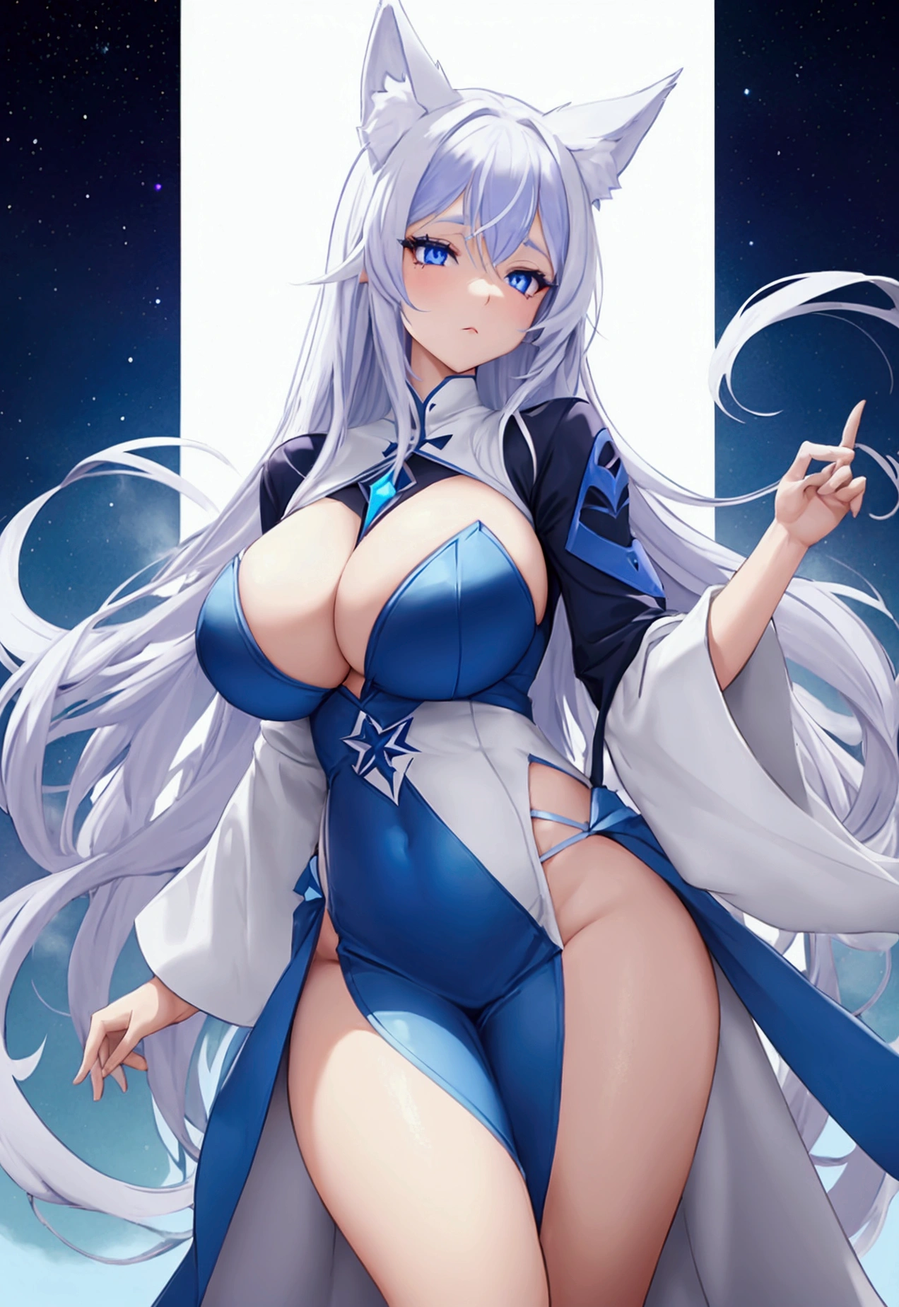 Defined female body, thick thighs, create the outfit that matches, short and long hair in white color, but with the color in blue and purple gradient at the ends, blue eyes. She has white fox ears and tail, but with blue color at the tips. Star mark on the forehead with the color blue.