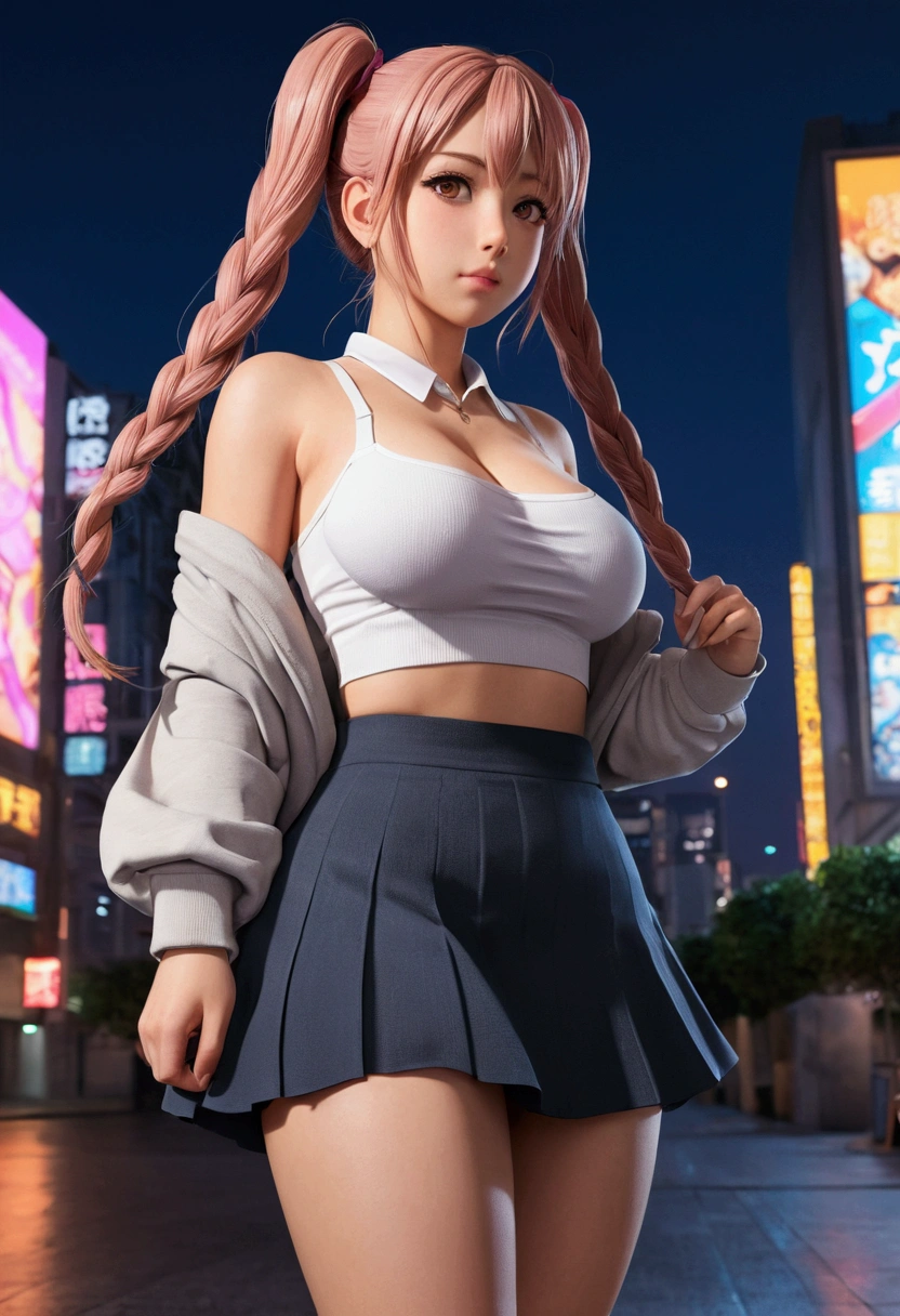 masterpiece, best quality, HuTaoV4, 1girl, solo, blush, twintails, long hair, thick, big ass, big hips, big breasts, hair between eyes, ((streetwear clothes)), city, outdoors, night, movie poster, extremely detailed 8K, smooth, high resolution, ultra quality, cinematic lighting, ambient occlusion, hd, 2k, 4k, 8k, 16k, extremely detailed anime, detailed faces, perfect composition, wide shot, atmospheric lighting, very sexy, lift skirt, random low back angle, uncensored, nsfw, sin censura