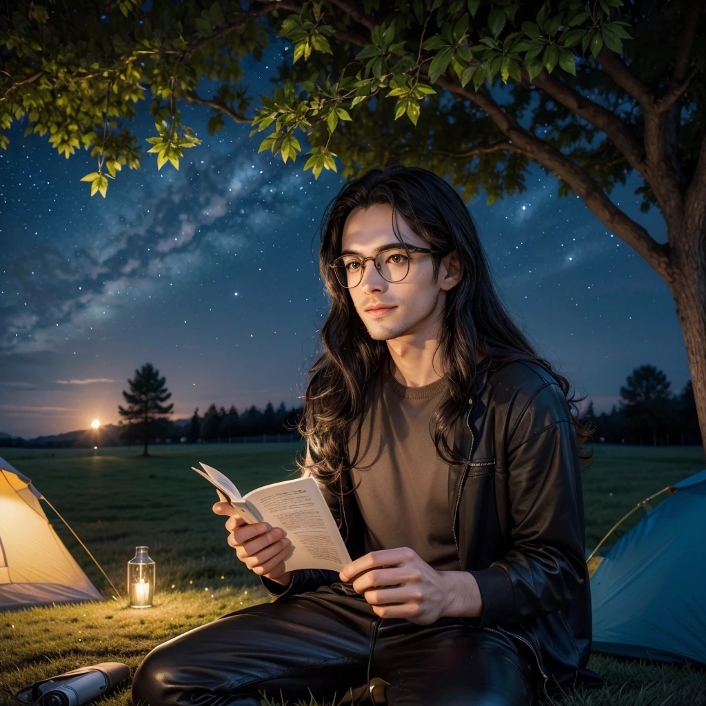 Young man sits on the grass reading a book, long curly black hair, wearing glasses, delicate smile, shiny brown eyes, Looking at the sky, lamp light, all-body, under a huge tree, more distant view, A tent in the background, starry sky, illuminated night, photo effect, 8k, super verbose, hyperrealisti.