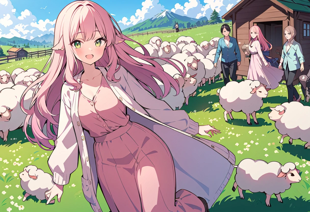 masterpiece, Highest quality, 8k, (Vividピクセルアート), Vivid, woman, 若いwoman, smile, cute, Directed at an angle, Open your mouth, Fluffy hair, Long Hair, Hair like sheep's hair, Pink Hair, eyebrow, 太いeyebrow, one piece, Pink clothes, Long skirt, cardigan, 水色のcardigan, shoes, 茶色いshoes, ((Leading the sheep to the shed, Detailed sheep)), grassland