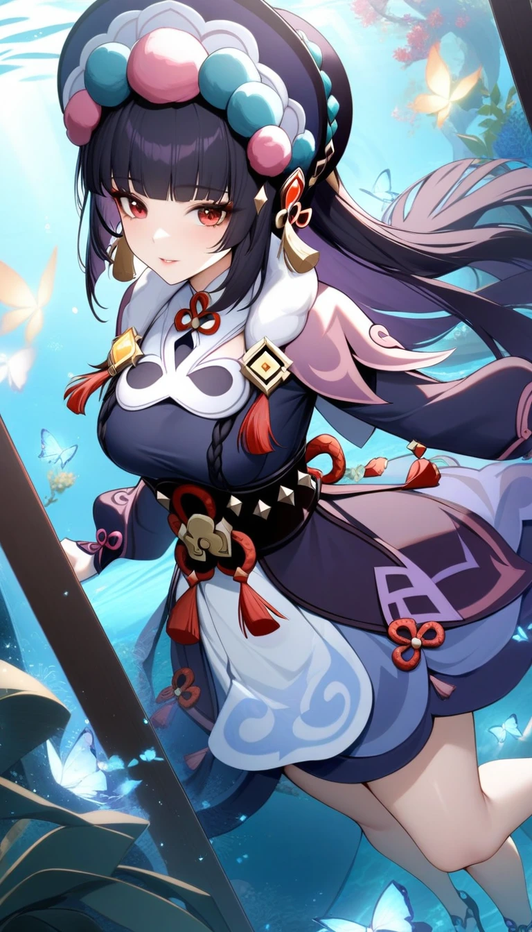 masterpiece, best quality, very aesthetic, absurdres, 1girl, mature_lady,,1girl, yun jin \(genshin impact\), genshin impact, long hair, red eyes, blunt bangs, black hair, long sleeves, dress, bonnet, purple hair, capelet, tassel,in aquarium,luminous butterflies, fluttering butterflies,from above