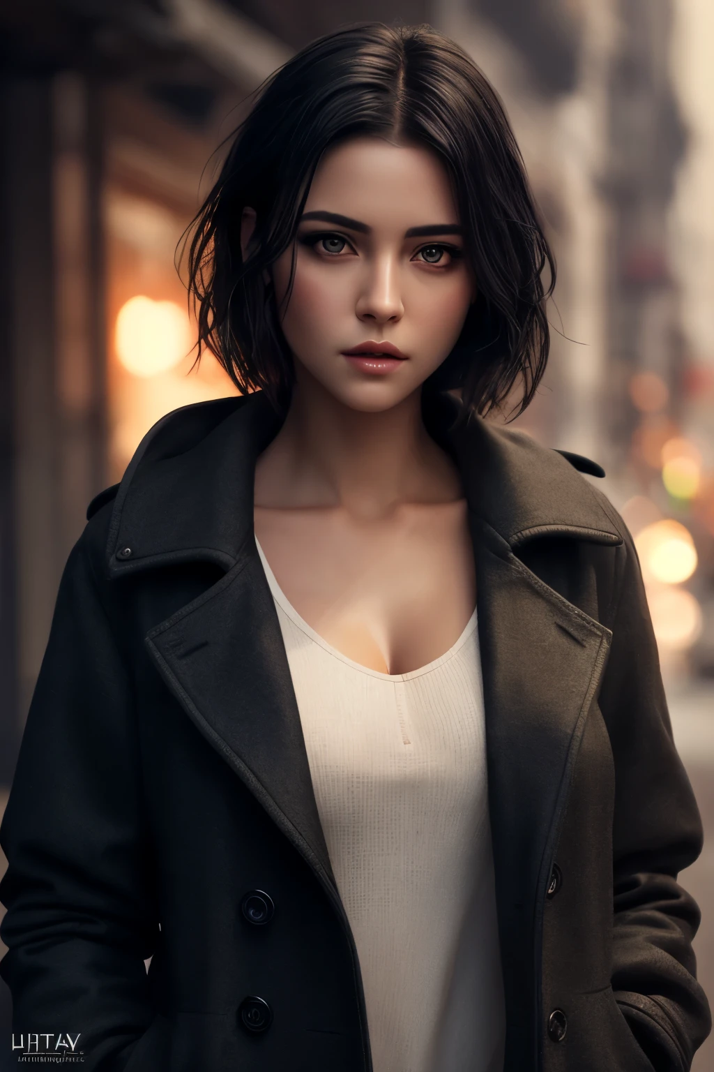 Beautiful girl with realistic black eyes, pale skin, medium length black hair, perfect face, Perfect eyes, in a coat, very detailed, all-encompassing cinematic, digital painting, 8 K, cinematic lighting, Best quality, a high resolution, Detailed work, Post-processing, Perfect result, hyperrealistic