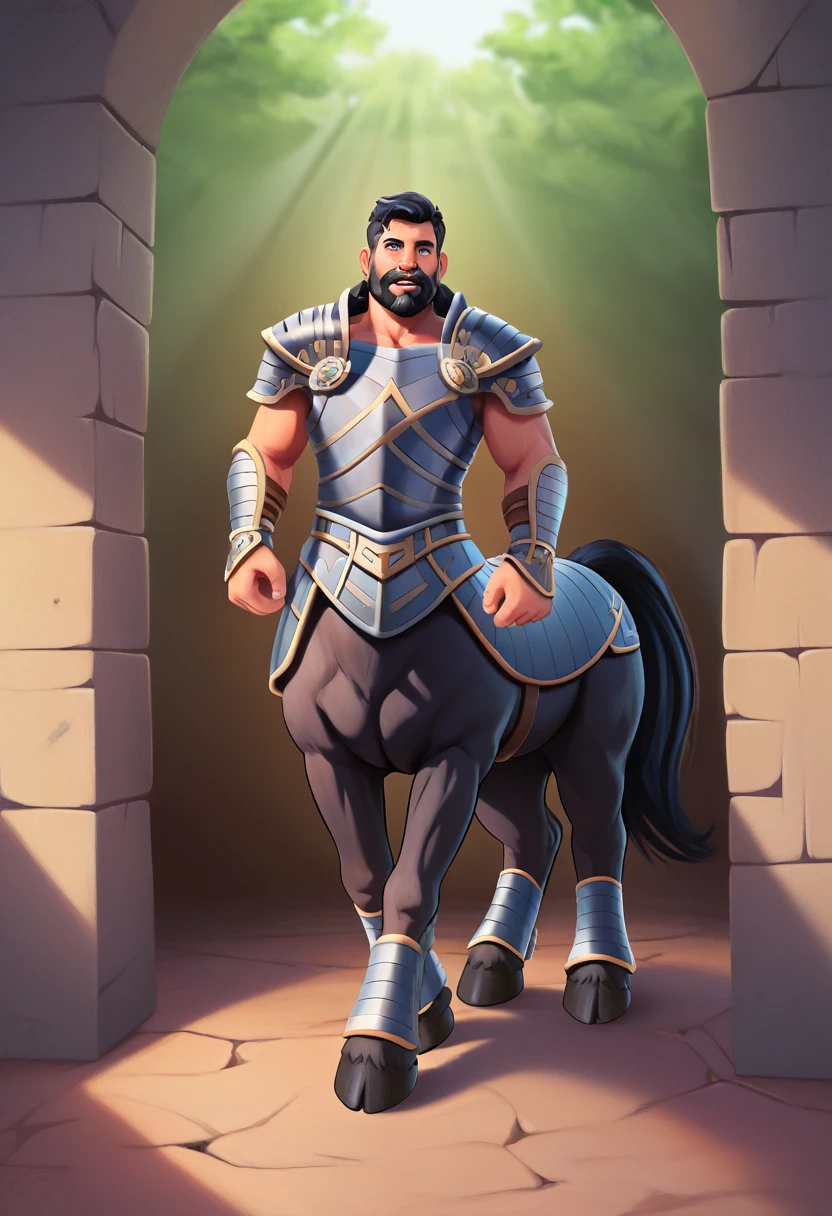 30 years old,(black hair and full beard),(best quality, 4k, 8k, high resolution, masterpiece: 1.2), detailed facial features, spectacular lighting, from above, anatomically correct, super detail,armor, rays of light in forest, ray tracing, full body portrait, centaur