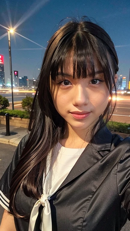 Masterpiece, best quality, ultra high res, realistic, (photorealistic:1.4), photography, rule of third, 1girl, blunt bangs, black hair, (the girl wearing black sailor uniform), (at the top of building:1.1), night, city light, cinematic lighting, 80s filter, detailed face , looking at viewer, cowboy shot, (selfie:1.1), pov