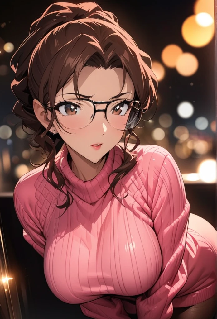 (breathtaking mature beauty,intellectual and elegant,luminous pink sweater,brown hair,(best quality,masterpiece:1.2),full-length shot,perfect figure,wearing glasses,ultra-clear,exquisite facial features,ultra-detailed,bokeh)