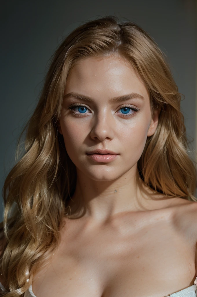 Hyper-realistic portrait of a stunning blonde model, masterpiece, film-like, 35mm style, 8k resolution, photography, analog style, soft lighting, detailed face, striking blue eyes, flawless skin, subtle makeup, elegant expression, professional studio setting, natural beauty, golden hair, fashion photography, high detail, cinematic.