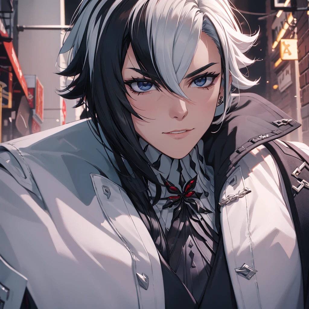 male character. naughty man. serious countenance, social futuristic clothing, an overcoat. hair with black highlights.