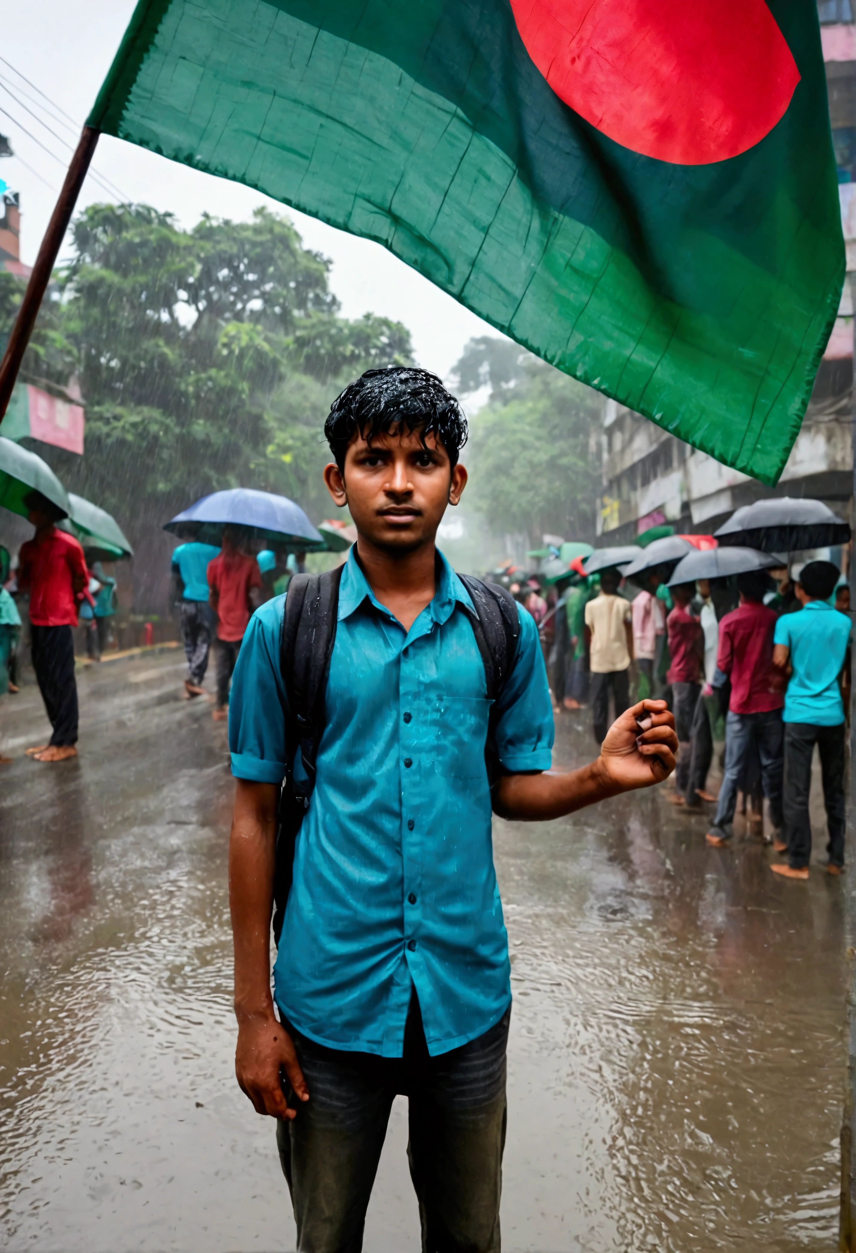 A 30-year-old boy stands on the streets of Dhaka city in the rain with a Bangladeshi flag in his hand. Behind hundreds of students are standing with the flag of Bangladesh