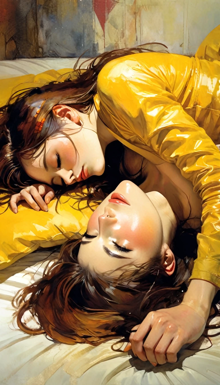 a sexy girl lying and a yellow blanket on her lap, 1 girl, sleeping, brown hair, eyes closed, pillow, lying down, blushing, hair ornament, alone, sideways, sexy , nude , sex sex sex( best quality, masterpiece, ultra detailed, illustration 1.2), (8K wallpaper), (beautiful detailed eyes 1.2), beautiful, amazing and detailed eyes, (detailed skin) (simple oil painting in the style of Bill Sienkiewicz)