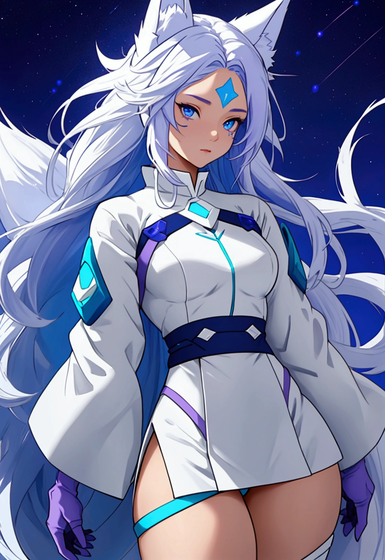 Defined female body, thick thighs, create the outfit that matches, short and long hair in white color, but with the color in blue and purple gradient at the ends, blue eyes. She has white fox ears and tail, but with blue color at the tips. Star mark on the forehead with the color blue.