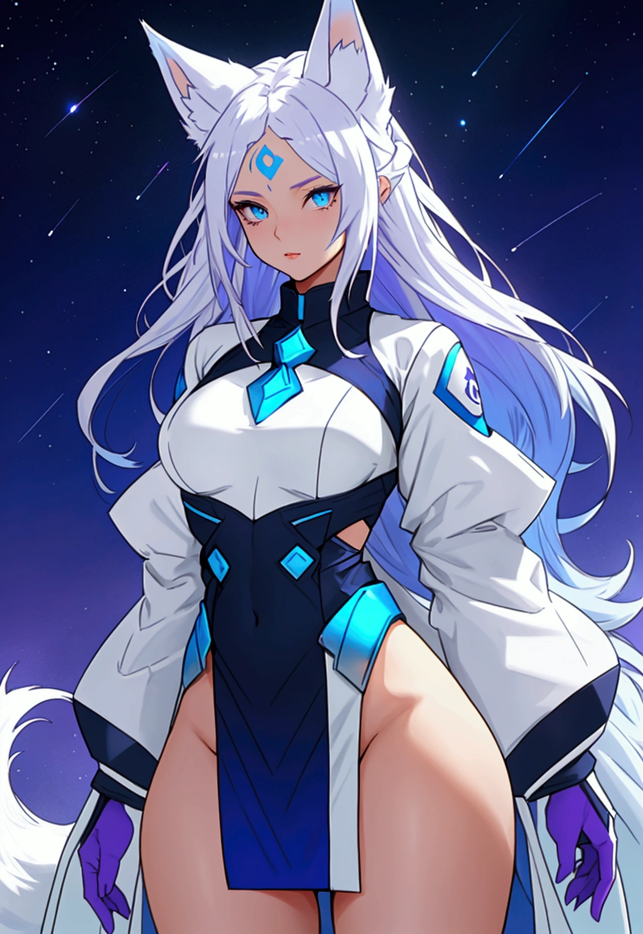 Defined female body, thick thighs, create the outfit that matches, short and long hair in white color, but with the color in blue and purple gradient at the ends, blue eyes. She has white fox ears and tail, but with blue color at the tips. Star mark on the forehead with the color blue.