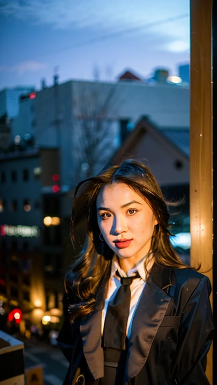 Masterpiece, best quality, ultra high res, realistic, (photorealistic:1.4), photography, rule of third, 1girl, black hair, (the girl wearing business suit), black tie, (at the top of building:1.1), night, city light, cinematic lighting, 80s filter, detailed face , looking at viewer, cowboy shot