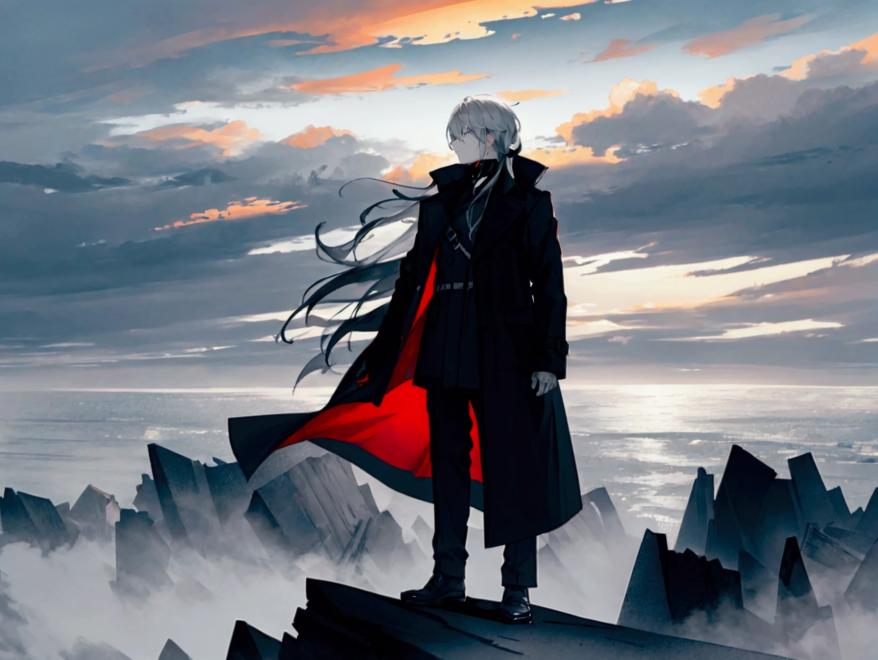 "Picture a lonely man in dark colors, standing on the edge of a cliff, looking down into the abyss. The man is dressed in a dark coat, his hair blowing in the wind. Around him is a bleak, foggy landscape, with bare trees in the background. The sky is covered with thick gray clouds, creating the feeling of a storm approaching. There is a faint light on the horizon in the distance, symbolizing a glimmer of hope. Use contrasting colors and dramatic lighting to enhance the emotional impact."

Steps to create an image:
Man in Dark Colors: The main element is a lone man in a dark coat standing on the edge of a cliff, his hair blowing in the wind.
Gloomy Landscape and Fog: The person is surrounded by a foggy landscape with bare trees in the background, creating an atmosphere of isolation and despair.
Thick Gray Clouds: The sky is covered with thick gray clouds, adding to the feeling of an impending storm.
Faint Light on the Horizon: There is a faint light on the horizon breaking through the clouds, symbolizing hope.
Contrasting Colors and Lighting: Use strong contrasts between light and shadow to create a dramatic effect and attract attention.