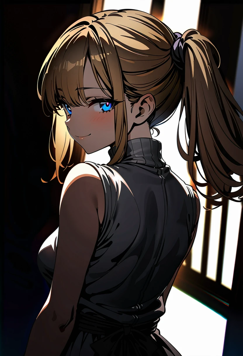 ((masterpiece,High resolution,Highest quality))
(21 years old,One Fair-skinned woman,Very small waist,Medium breasts)(erection atmosphere,Smiling,Seductive eyes)
(blonde hair tied into a twin ponytail which extends down her back,blue eyes,Sharp Eyes)
(White Turtleneck sweater,in a campus)