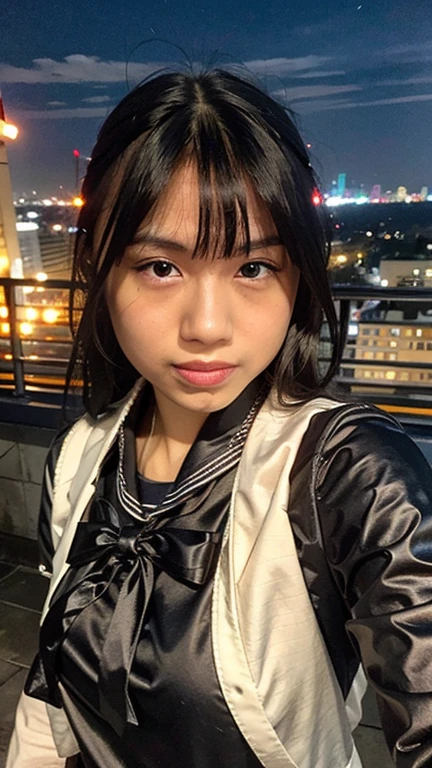 Masterpiece, best quality, ultra high res, realistic, (photorealistic:1.4), photography, rule of third, 1girl, blunt bangs, black hair, (the girl wearing black sailor uniform), (at the top of building:1.1), night, city light, cinematic lighting, 80s filter, detailed face , looking at viewer, cowboy shot, (selfie:1.1), pov