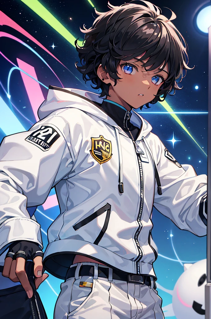 boy, adolescent, dark-skinned, curly hair, white jacket with neon details, animated cartoon, アニメ, in a game
