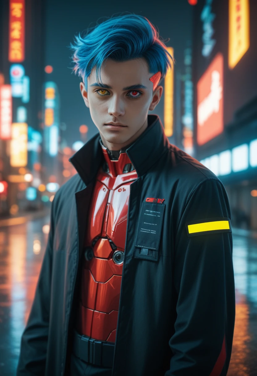 (masterpiece:1.3), (best cinematic quality:1.2), (extremely detailed setting:2), (soft+artistic lighting), (1boy), short blue haired, (eyes+yellow+red:1.4), (multicolored eyes+heterochromia), wearing cyberpunk clothes, futuristic, technological, city scenery with (robots around)0.4], giving dramatic scenery.