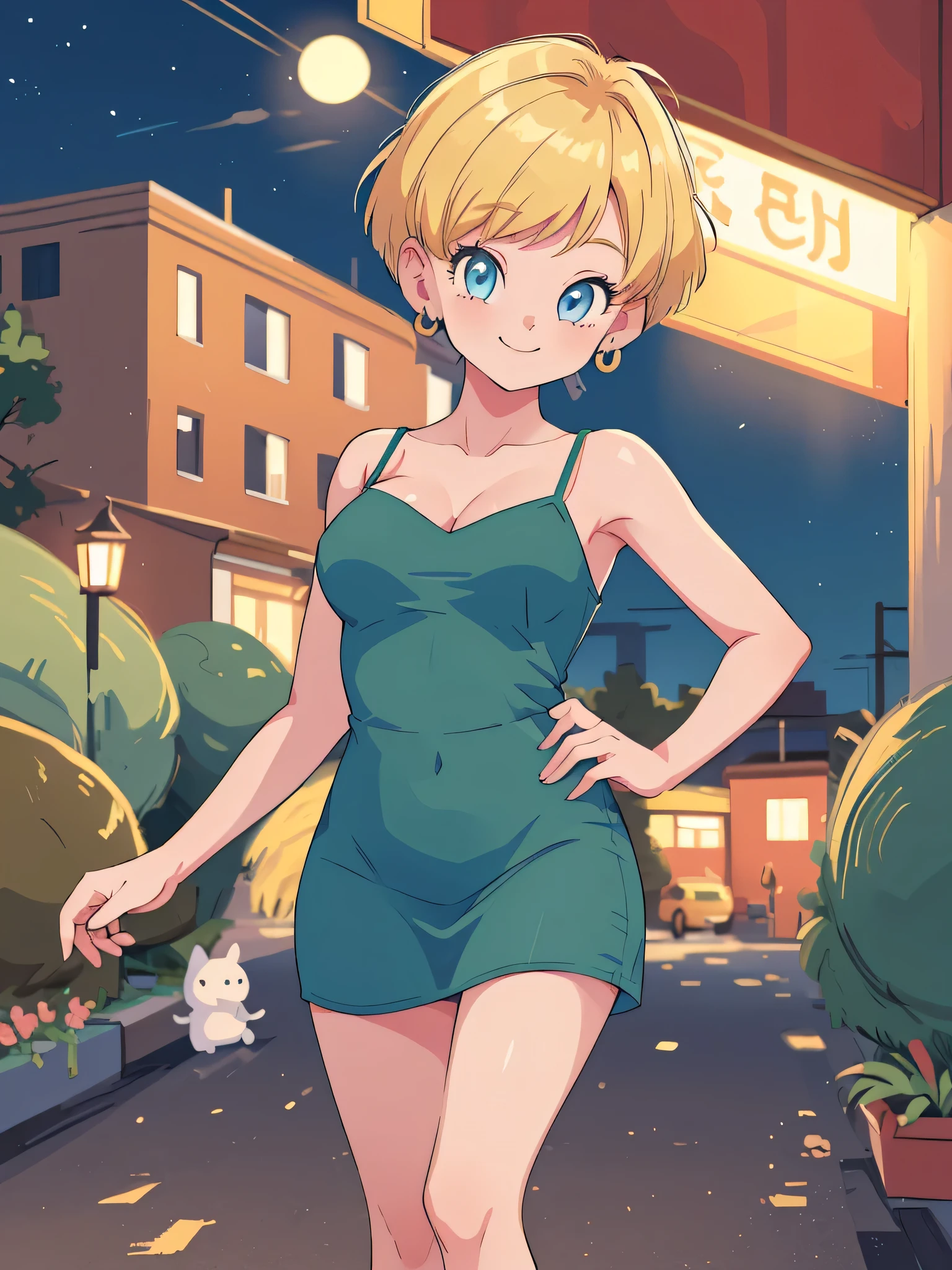 (Best Quality, Masterpiece:1.4), (Absurdres:1.2), erasa, blonde hair, short hair, blue eyes, earrings, masterpiece, best quality, very aesthetic, absurdres, spaghetti strap, skin tight green dress, sleeveless, night, street, standing, cowboy shot, medium breast, smile, 1 girl, solo
