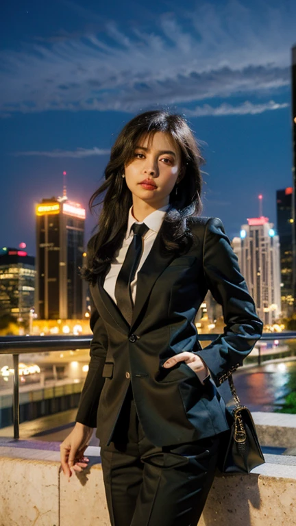 Masterpiece, best quality, ultra high res, realistic, (photorealistic:1.4), photography, rule of third, 1girl, black hair, (the girl wearing business suit), black tie, (at the top of building:1.1), night, city light, cinematic lighting, 80s filter, detailed face , looking at viewer, cowboy shot