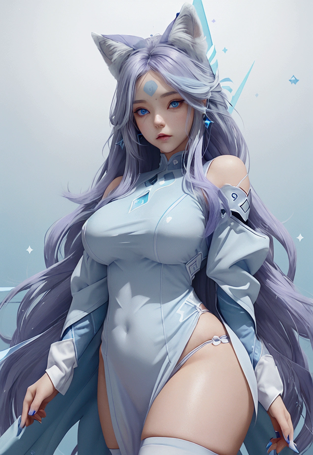 Defined female body, thick thighs, create the outfit that matches, short and long hair in white color, but with the color in blue and purple gradient at the tips, blue eyes. She has white fox ears and tail, but with blue color at the tips. Star mark on the forehead with the color blue. fullbody, front body, full view body