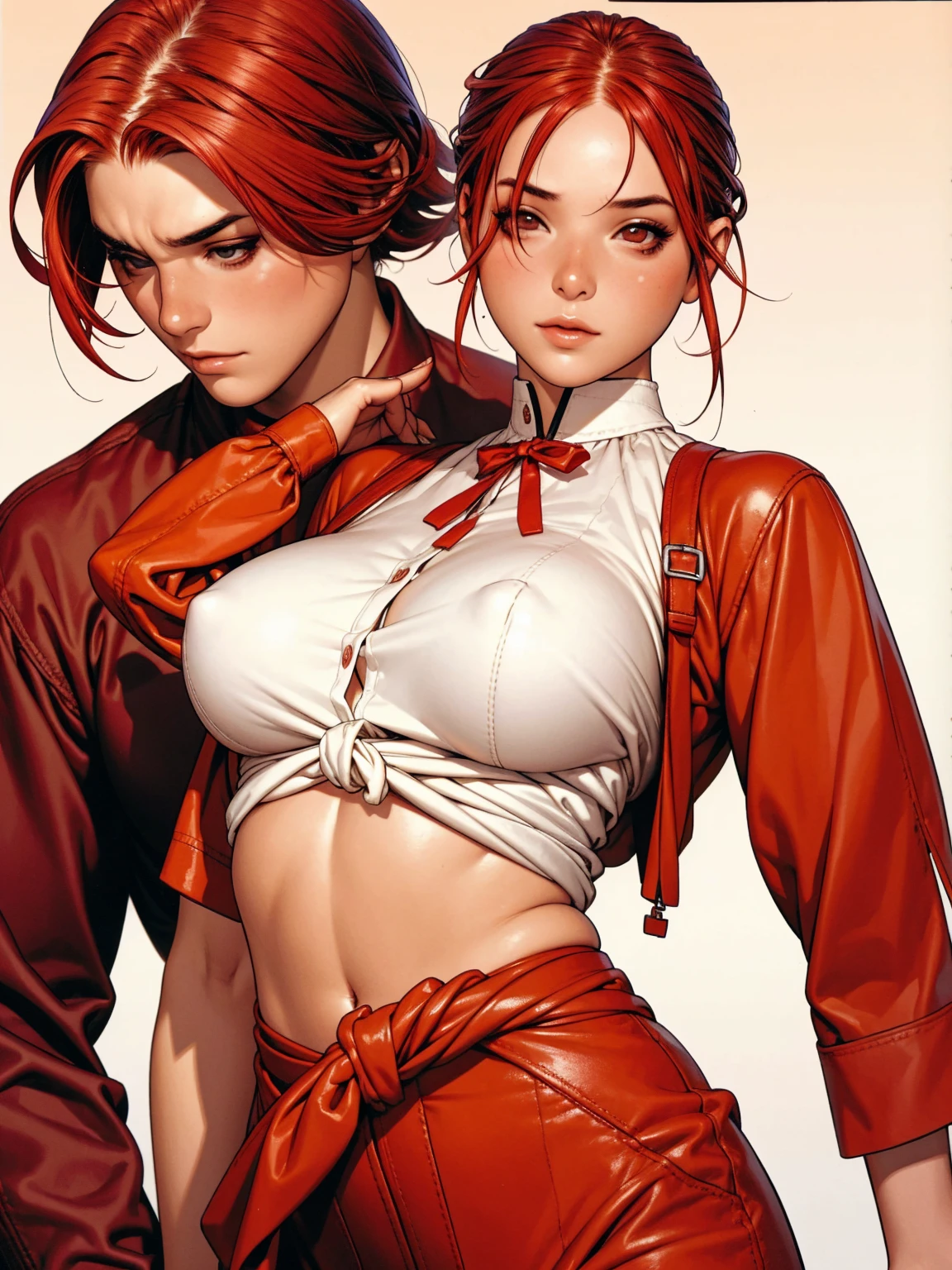 A young girl with messy red hair, wearing an eye patch over the left eye, wearing baggy firefighter pants, short top with the belly exposed and a blouse tied at the waist
