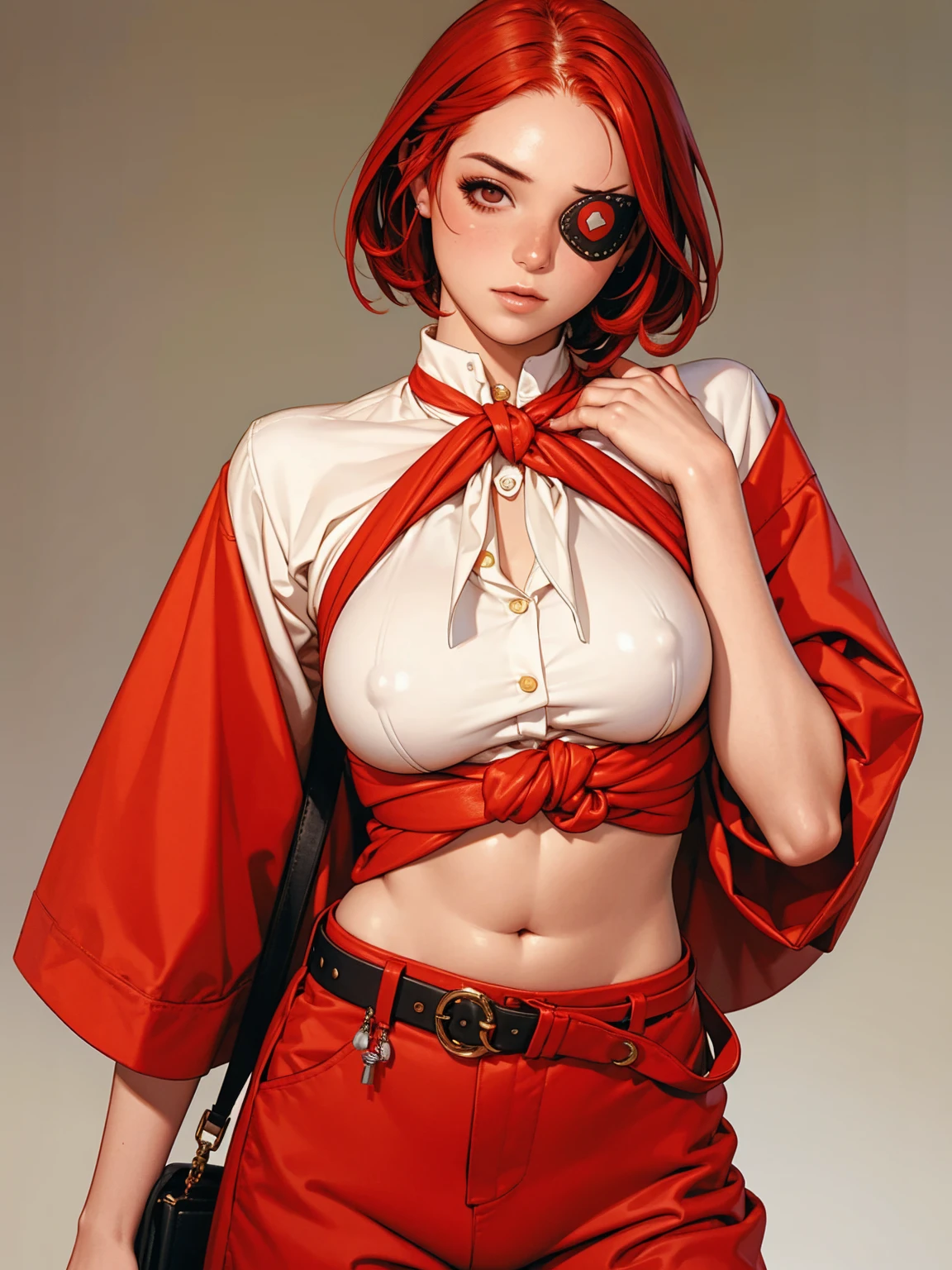 A young girl with messy red hair, wearing an eye patch over the left eye, wearing baggy firefighter pants, short top with the belly exposed and a blouse tied at the waist