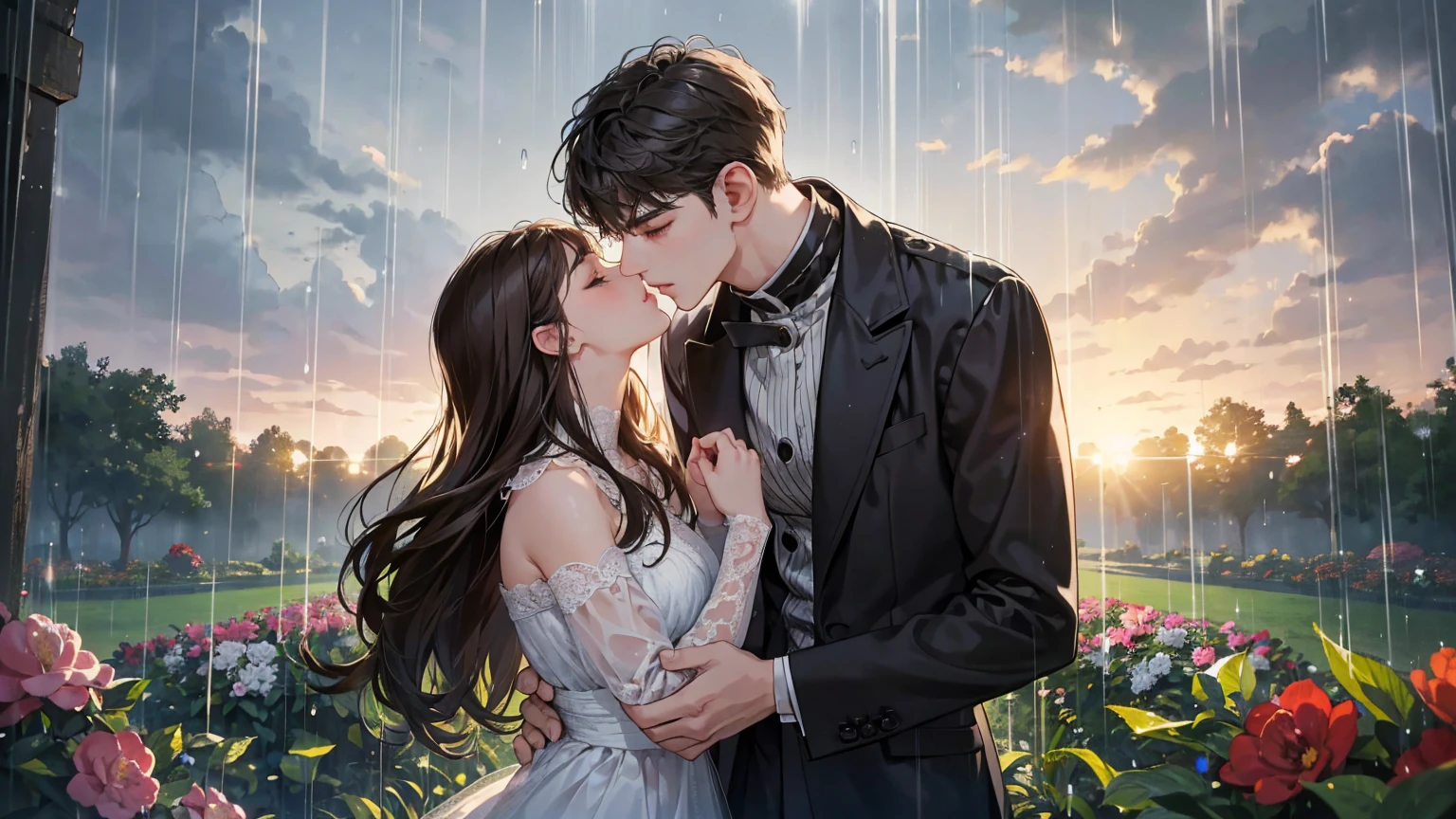 (1.5 SD male and womale, romantic and sweet meeting, height difference, light and dark hair colors, kiss, rain, garden, sharp details, high quality),
2 people, One male and one female, with a height difference, Come join me for a tender and romantic momalet. male&#39;hair color is light, female&#39;medium chest,hair is black. They find themselves under the gentle patter of rain, Water droplets sparkle on the face.. Her lips meet his in a passionate kiss, Their faces were full of love and longing.... the view is blue々Surrounded by the beauty of the garden, wet ground in background、Petals are clearly visible