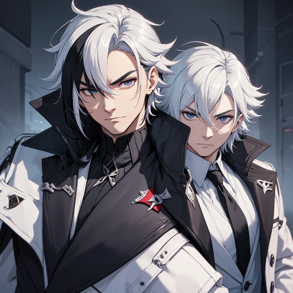 male character. naughty man. serious countenance, social futuristic clothing, an overcoat. hair with black highlights.