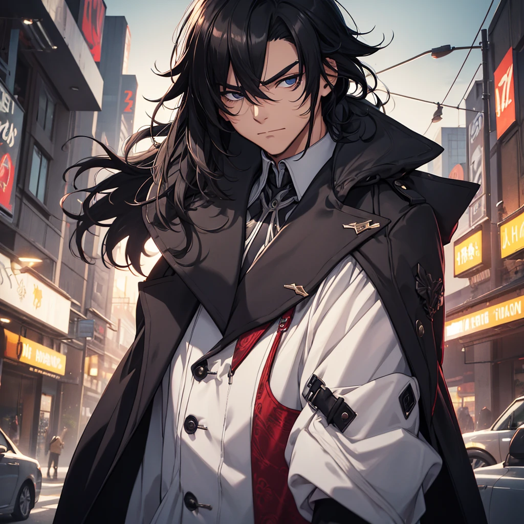 male character. naughty man. serious countenance, social futuristic clothing, an overcoat. hair with black highlights.