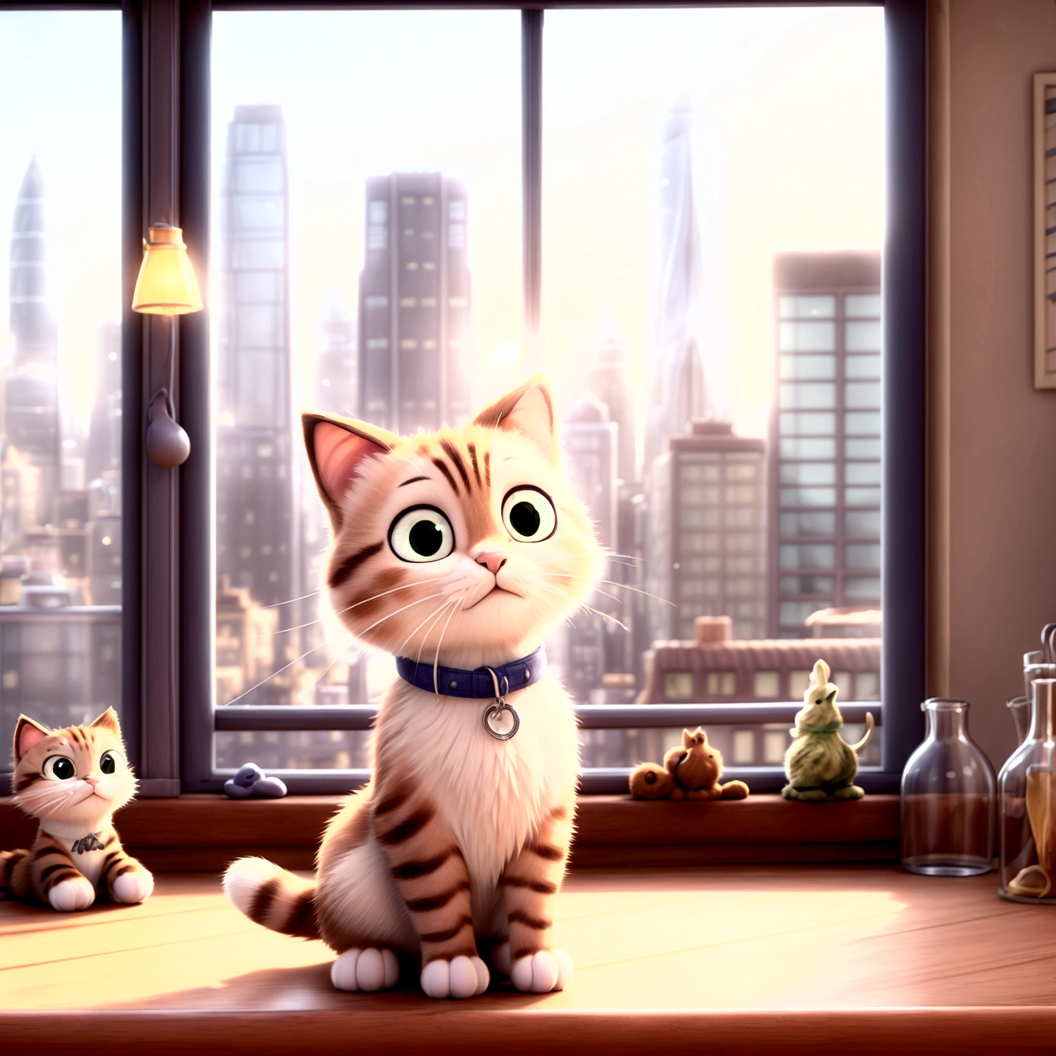 A charming and playful cat named Whiskers sits on a cozy windowsill, gazing out at a bustling cityscape. The sunlight gently illuminates its fur, creating a warm and inviting atmosphere. The background is vibrant and detailed, showcasing the busy streets and tall buildings of the city.