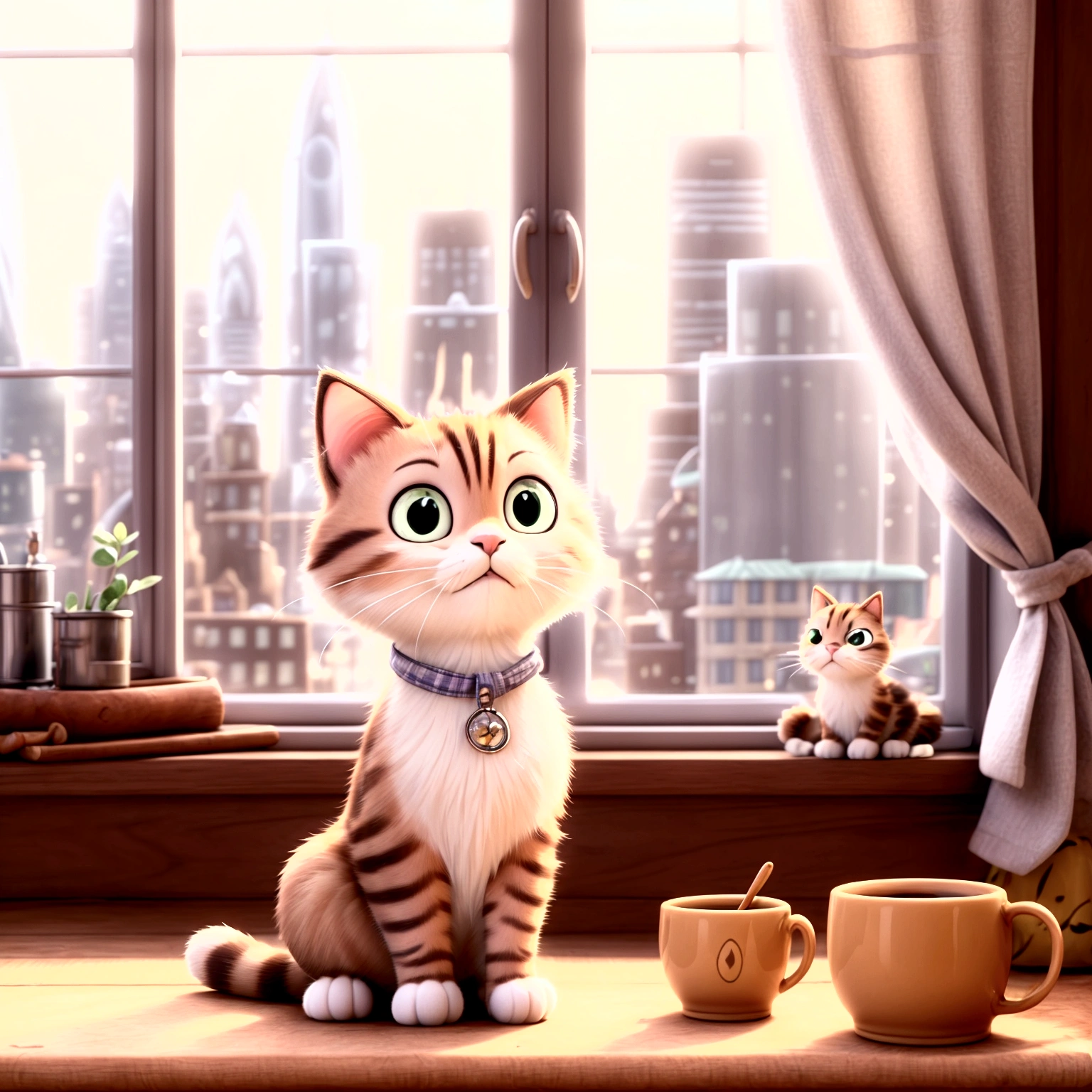 A charming and playful cat named Whiskers sits on a cozy windowsill, gazing out at a bustling cityscape. The sunlight gently illuminates its fur, creating a warm and inviting atmosphere. The background is vibrant and detailed, showcasing the busy streets and tall buildings of the city.