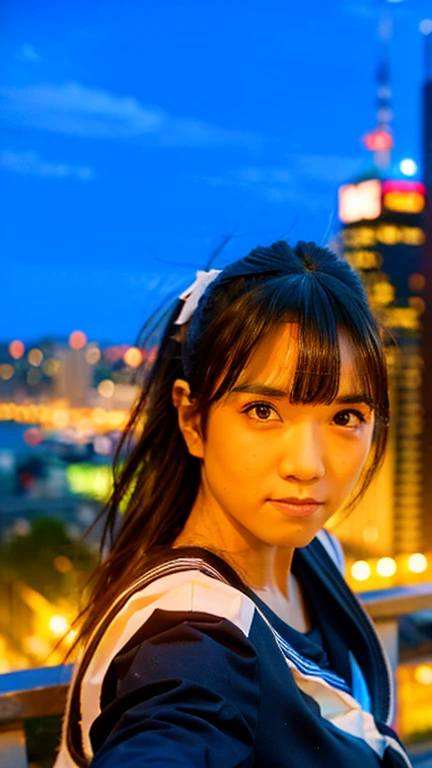 Masterpiece, best quality, ultra high res, realistic, (photorealistic:1.4), photography, rule of third, 1girl, blunt bangs, black hair, (the girl wearing black sailor uniform), (at the top of building:1.1), night, city light, cinematic lighting, 80s filter, detailed face , looking at viewer, cowboy shot, (selfie:1.1), pov