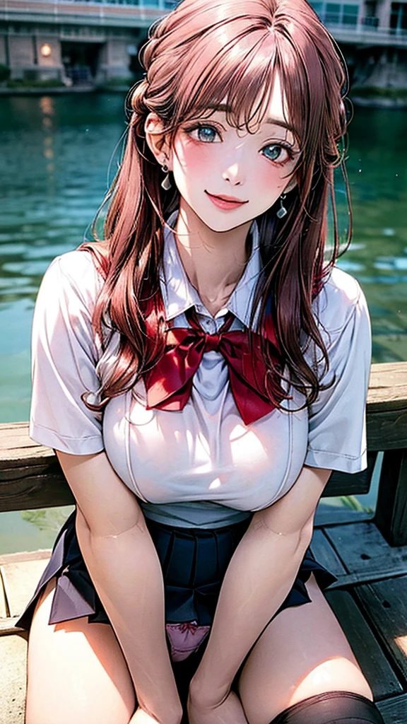 (masterpiece:1.2, Highest quality), (Realistic, photoRealistic:1.4), Beautiful illustrations, (Natural Side Lighting, Cinema Lighting),
View your viewers, Cowboy Shot, Front view:0.6, 1 girl, Japanese, high school girl, Perfect Face, Cute and symmetrical face, Glowing Skin,
(Long Hair:1.8, Straight hair:1.7, Light pink hair), Parted bangs, Emerald green eyes, Long eyelashes, (Large Breasts:0.9, Thick thighs),
Beautiful Hair, Beautiful Face, Beautiful attention to detail, Beautiful clavicle, Beautiful body, Beautiful breasts, Beautiful thighs, Beautiful feet, Beautiful fingers,
((White collared shirt, Grey pleated mini skirt, , Black socks, Brown Loafers, Red bow tie)), hoop ring earrings, Pink Panties,
(Beautiful views), evening, River side, (Cute smile,), Lean yourself into a chair and sit down.、Spread your legs wide、Panties visible from under the skirt、四つん這い