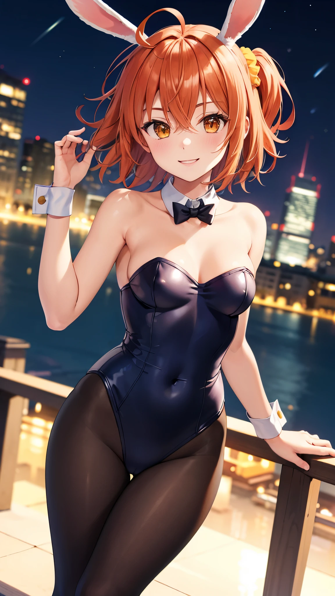 masterpiece, best quality, highres, aaritsuka, short hair, ahoge, hair scrunchie, orange scrunchie, smile, medium breasts, bunny ears, detached collar, strapless leotard, wrist cuffs, pantyhose, city, night