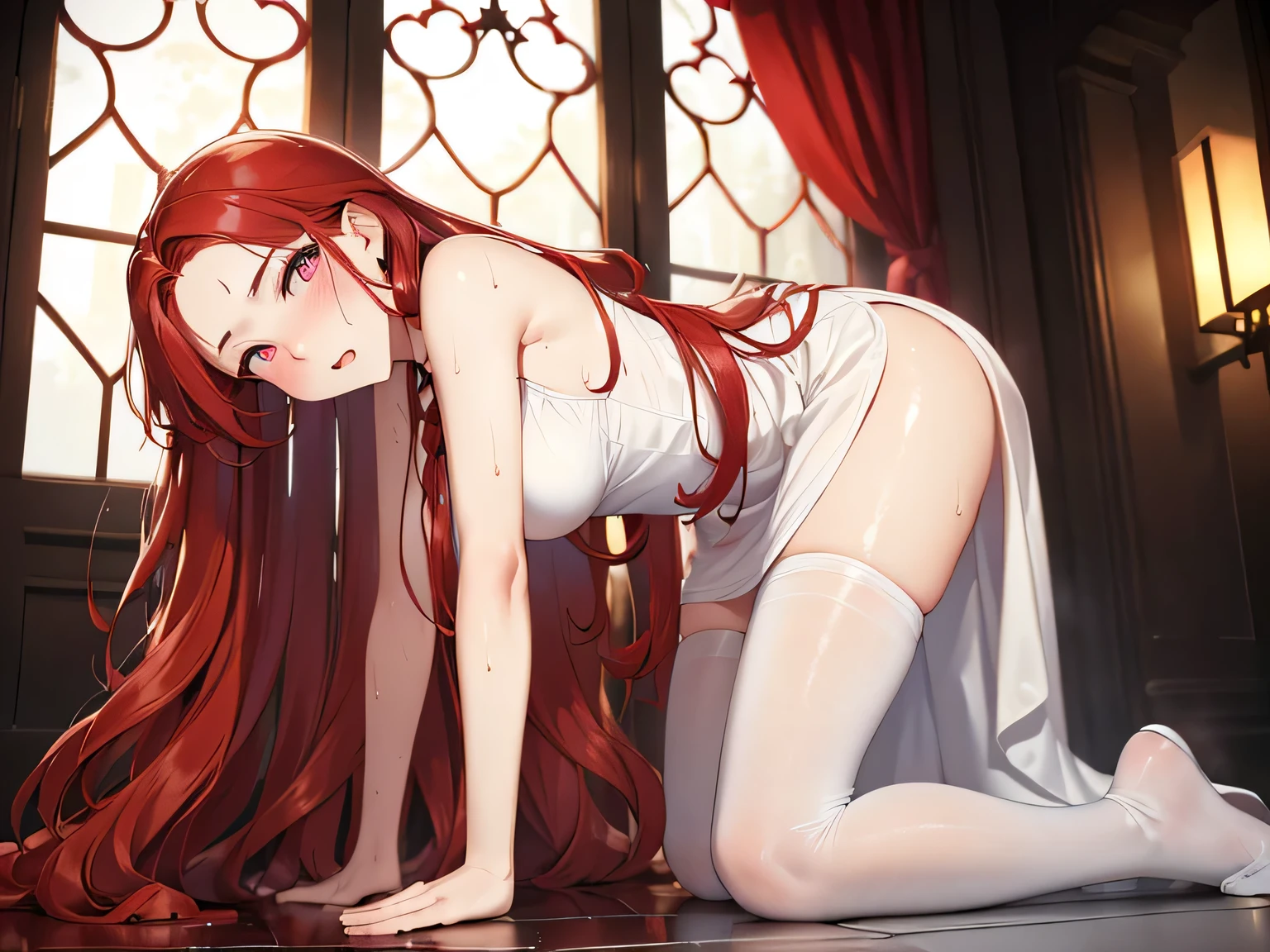 (masterpiece、High detail),(Detailed and accurate face),Woman kneeling in front of man、18-year-old、(Red hair、Wavy Hair、Long Hair、Forehead),(White maxi dress、black pantyhose)、Beautiful Eyes、sexy、(blush、Ecstasy face)、(Sweat),(My crotch is wet),(doggy style,kneeling),sfw